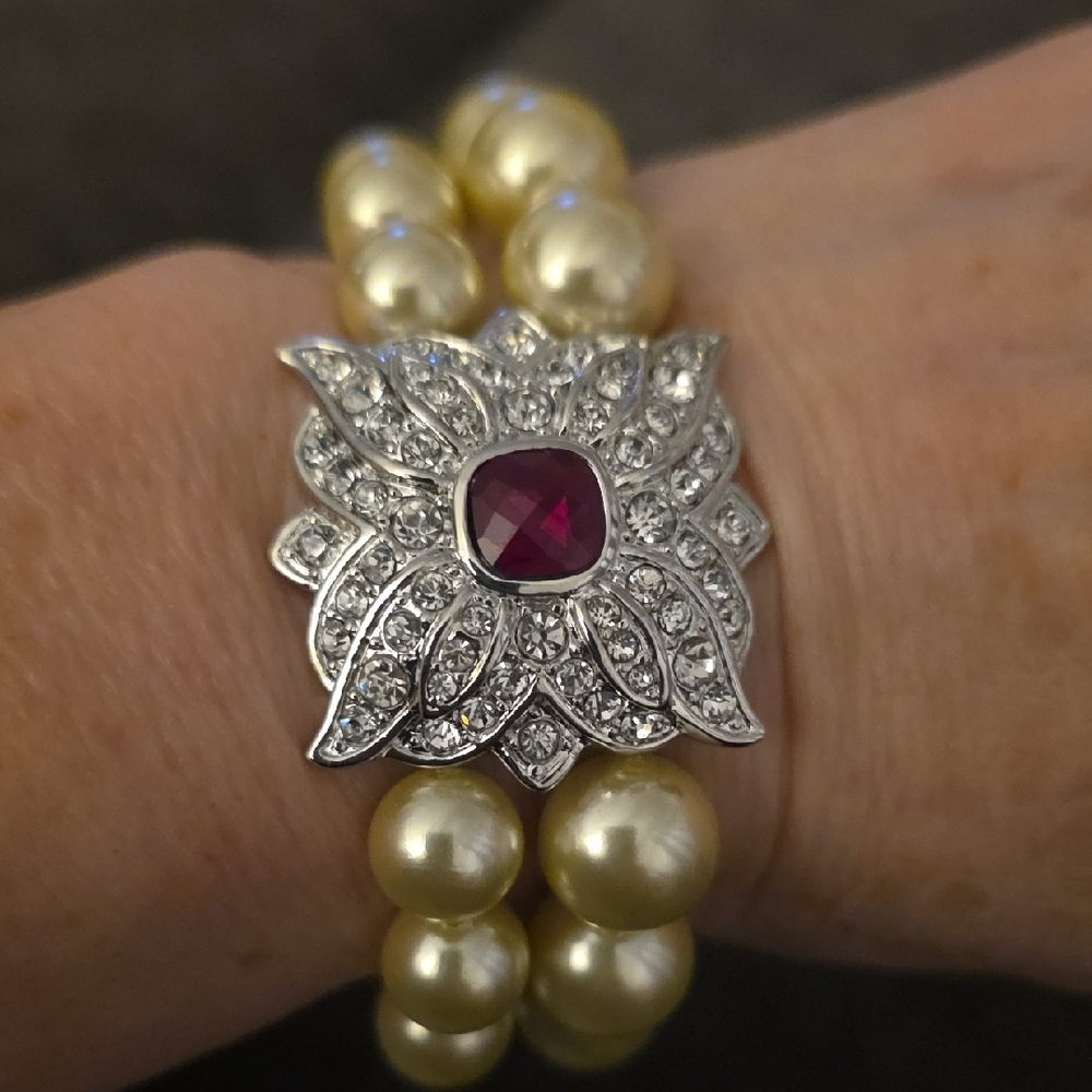 Kenneth Jay Lane Gold Pearl Bracelet with Silver and Red Accent
